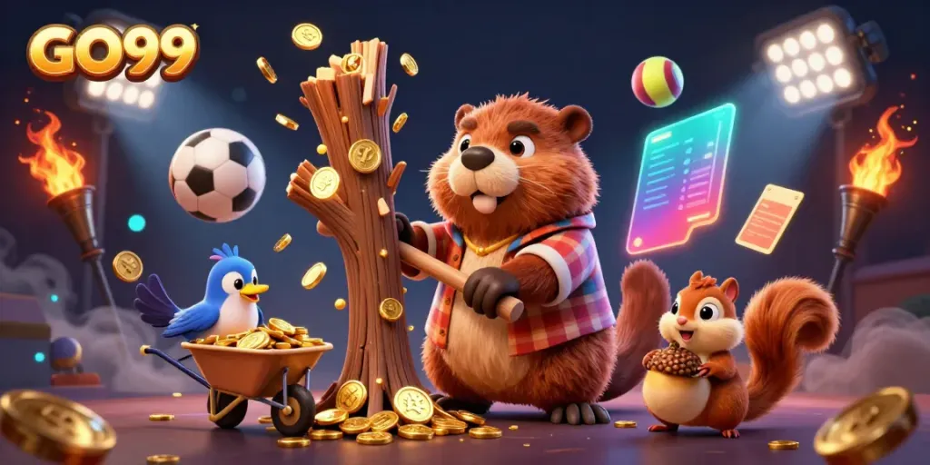 Engage with GO99 as a beaver collects golden coins in a dynamic casino-themed scene.
