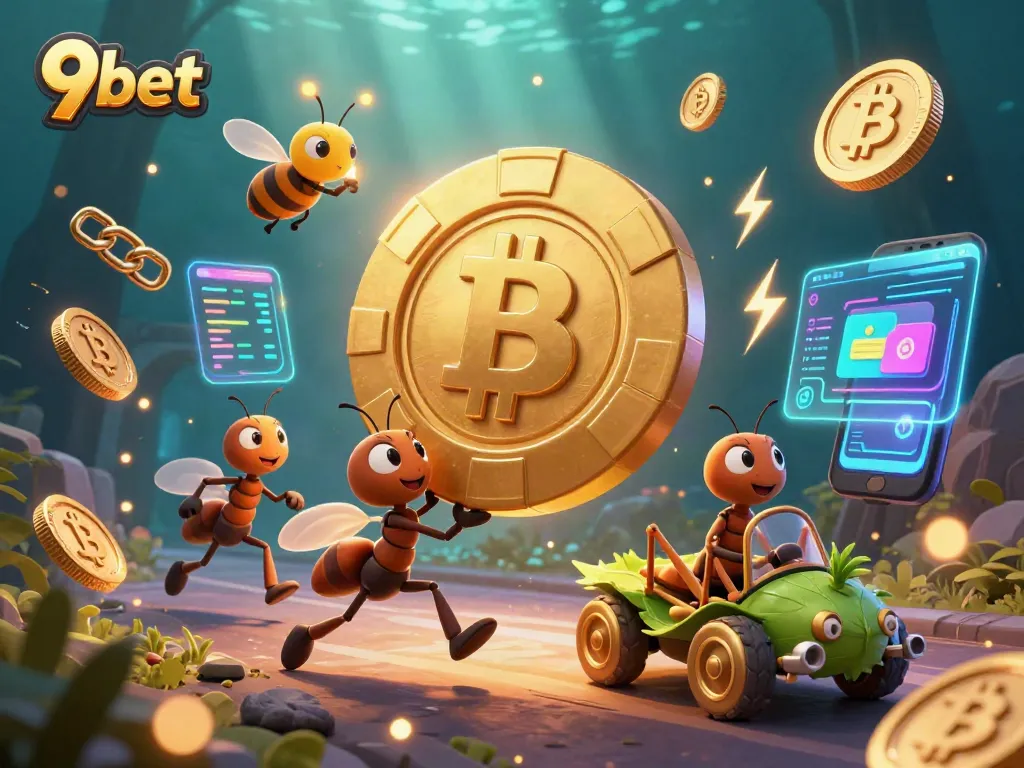 Experience 9bet's exciting casino world with cartoon ants carrying giant poker chips.