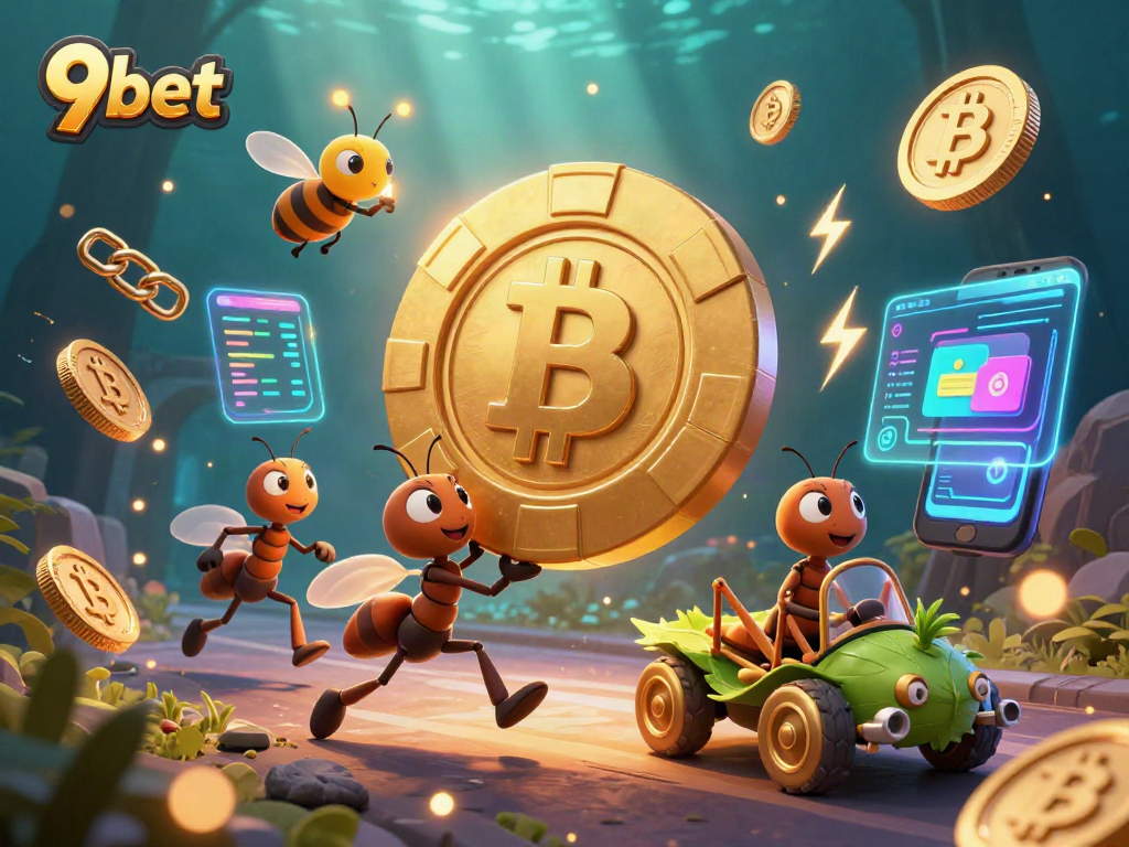 Experience 9bet's exciting casino world with cartoon ants carrying giant poker chips.