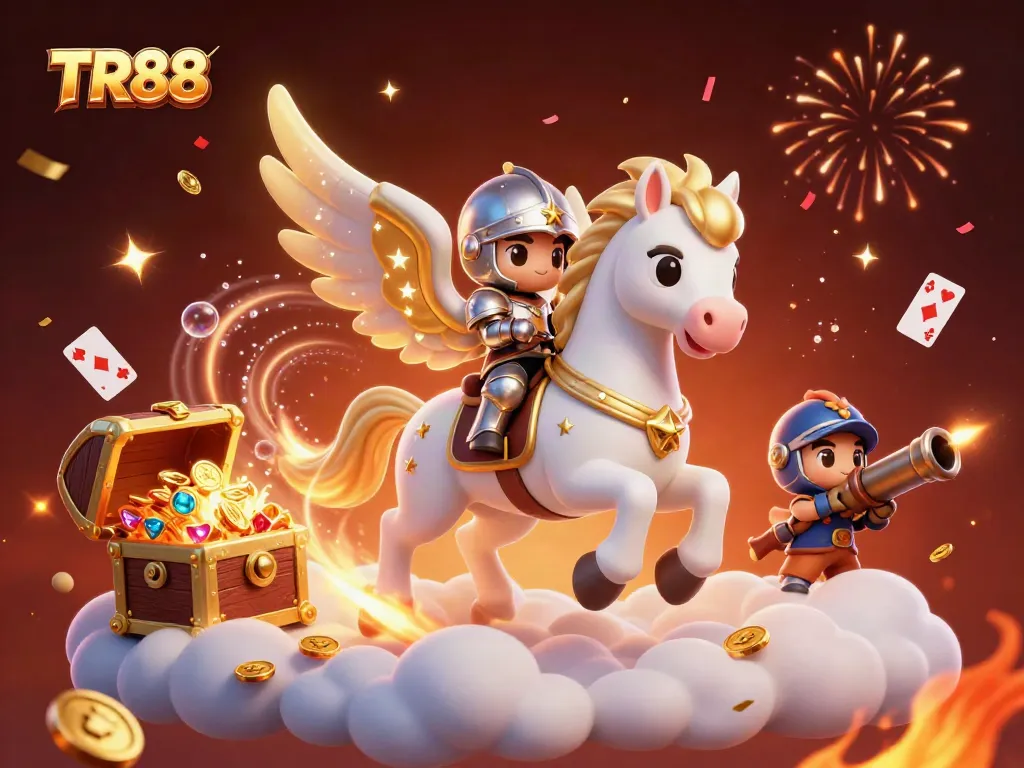 Experience thrilling games at TR88 with a magical scene featuring a celestial horse alongside colorful gaming treasures.