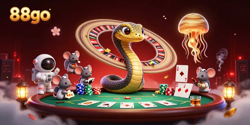 Engage with 88go in a vibrant cosmic casino scene with cartoon characters and gambling elements.