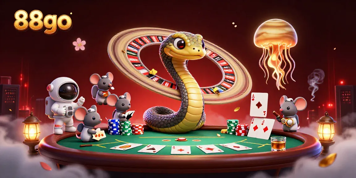 Engage with 88go in a vibrant cosmic casino scene with cartoon characters and gambling elements.