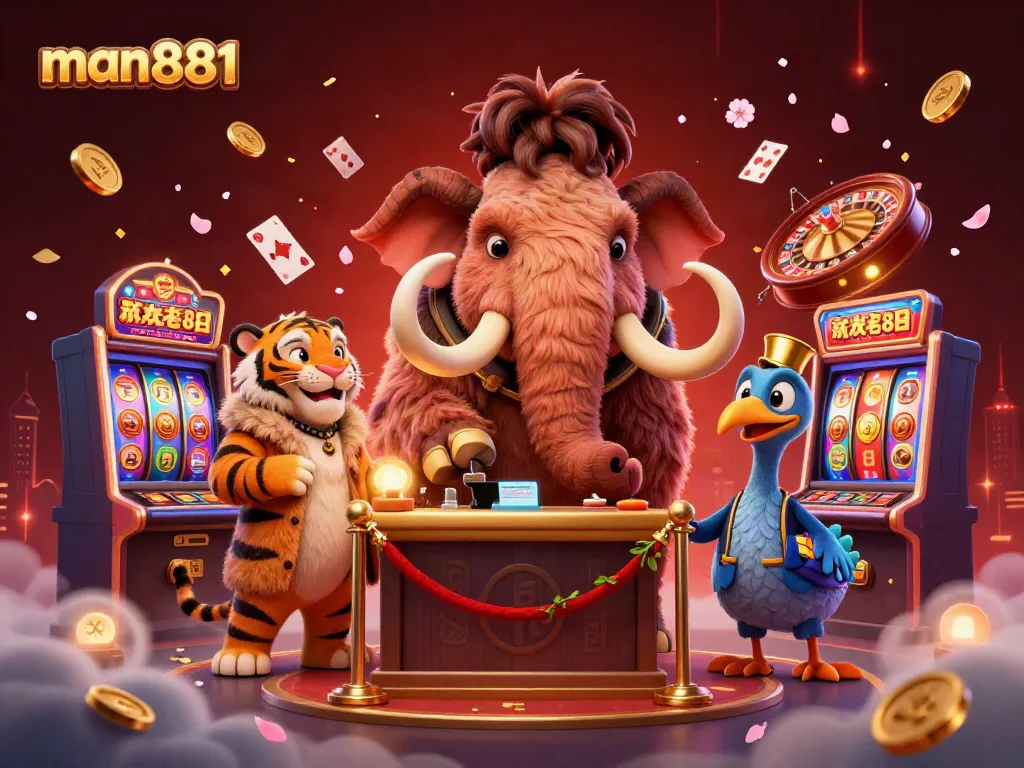 Experience excitement at man881 with a lively casino scene featuring a mammoth doorman and vibrant game elements.
