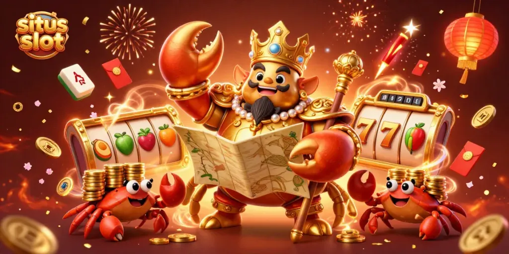 Berpartisipasi dalam situs slot dengan kaisar kepiting emas dan simbol keberuntungan di sekitar.