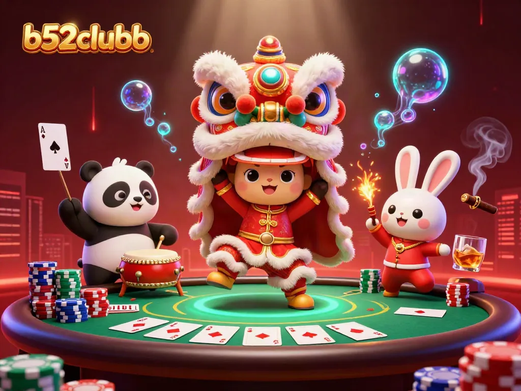 Play b52clubb with a festive lion dance, poker chips, and vibrant casino atmosphere.