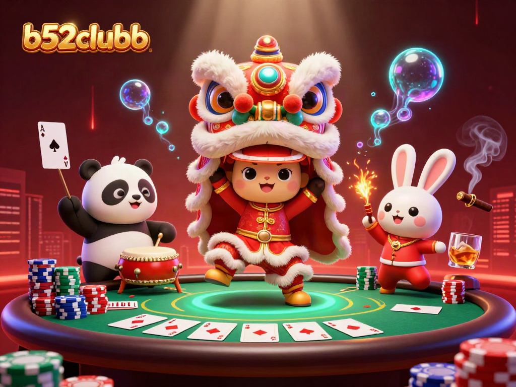 Play b52clubb with a festive lion dance, poker chips, and vibrant casino atmosphere.
