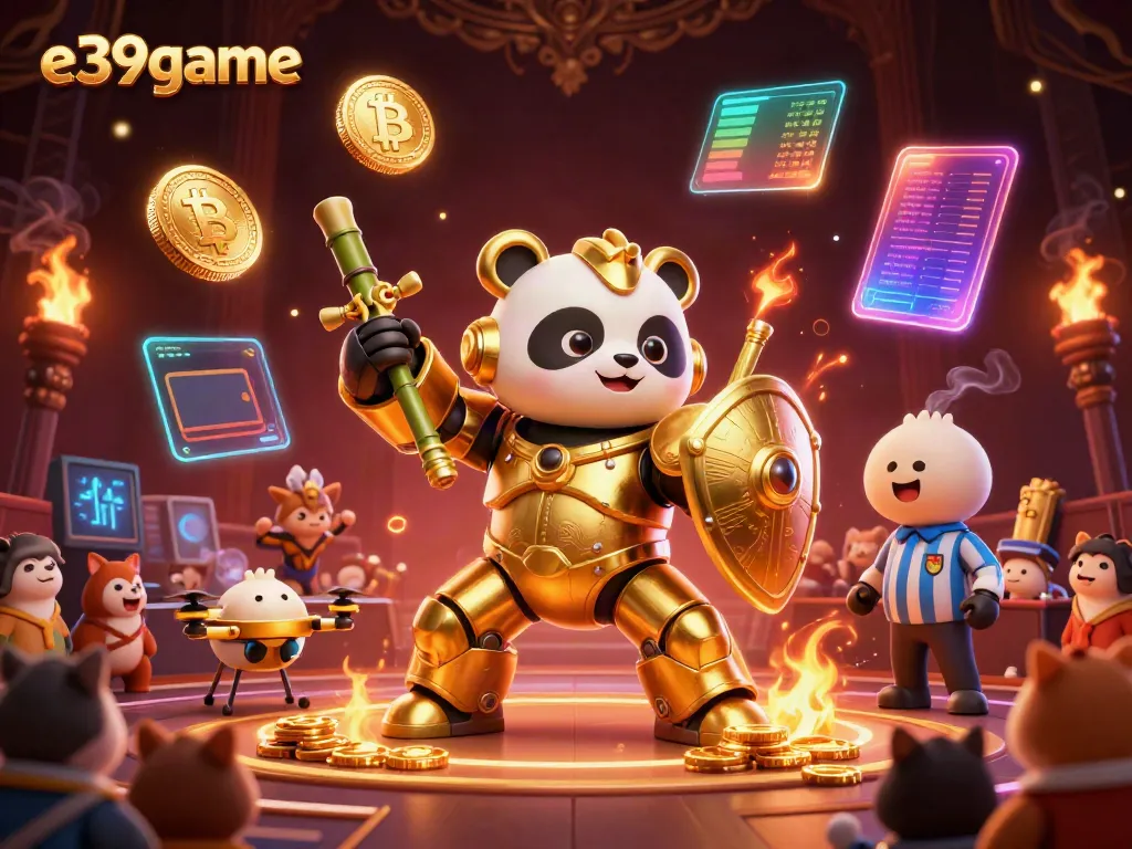 Experience thrilling victories at e39game with an epic golden panda mech battling in crypto-themed arena.