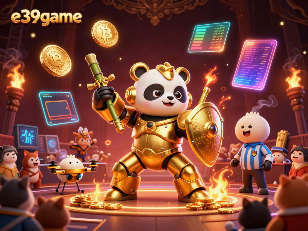 Experience thrilling victories at e39game with an epic golden panda mech battling in crypto-themed arena.