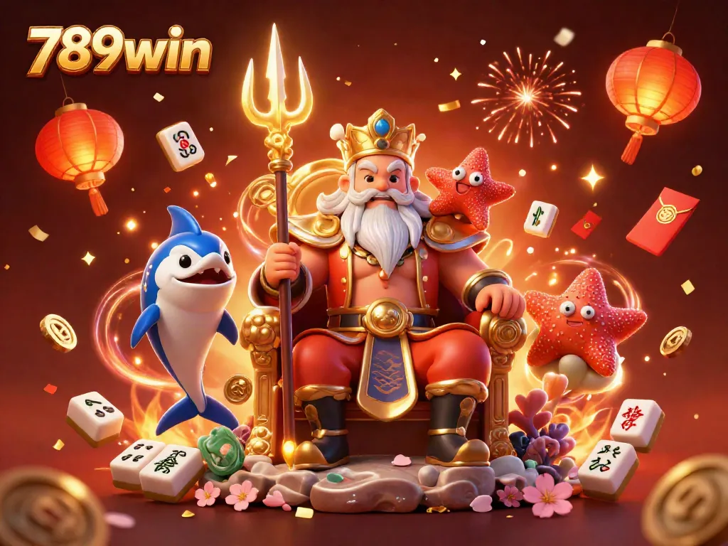 Experience the thrill of 789win with Neptune and his samurai, celebrating amidst golden casino treasures.