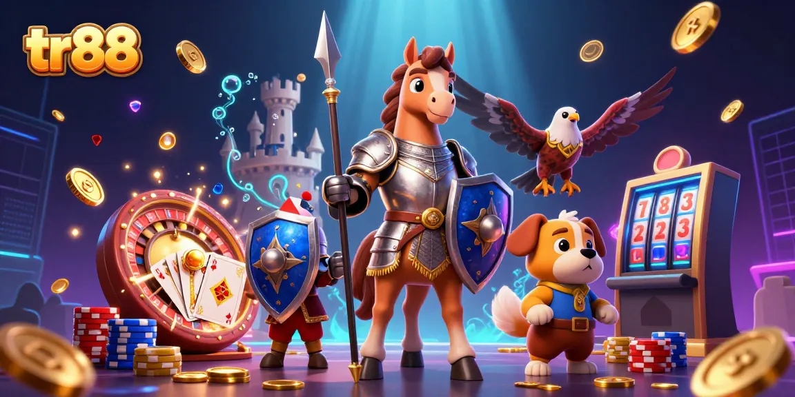 Engage with tr88's rich gaming atmosphere showcasing a knight, puppy, and falcon amidst cascading coins and vibrant games.