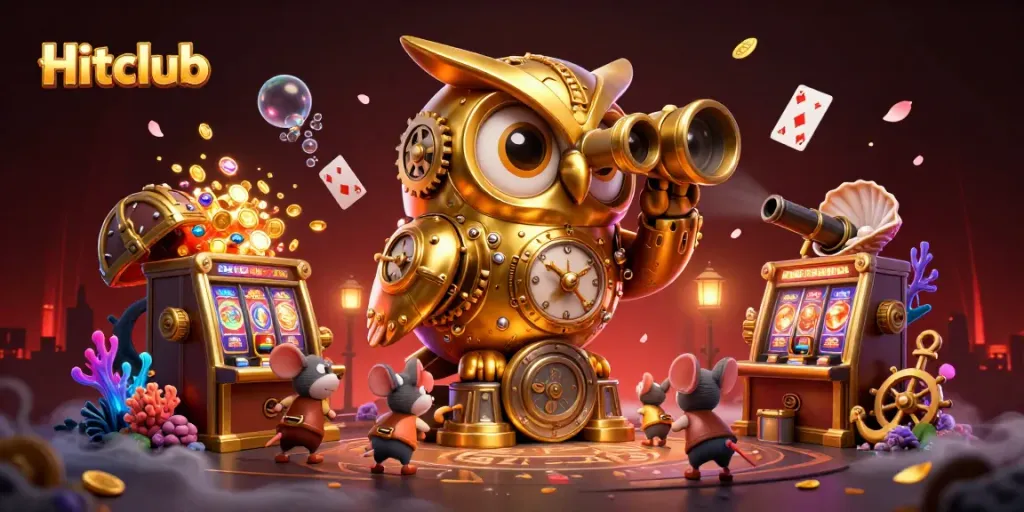 Hitclub features an energetic casino scene with an ornate clockwork owl and playful mice engaged in slot machine games.