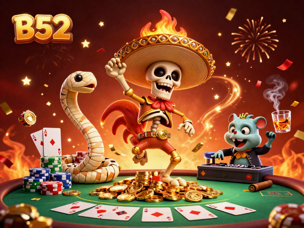 Experience the vibrant B52 casino scene with skeleton mariachi, golden coins, and poker excitement.