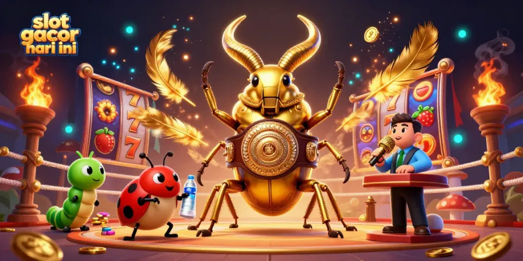 Engage in slot gacor hari ini with animation of a giant beetle and casino elements in a vibrant scene.