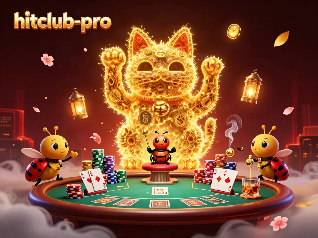 Engage with the hitclub-pro lucky cat and dynamic casino scene featuring poker elements and vibrant details.
