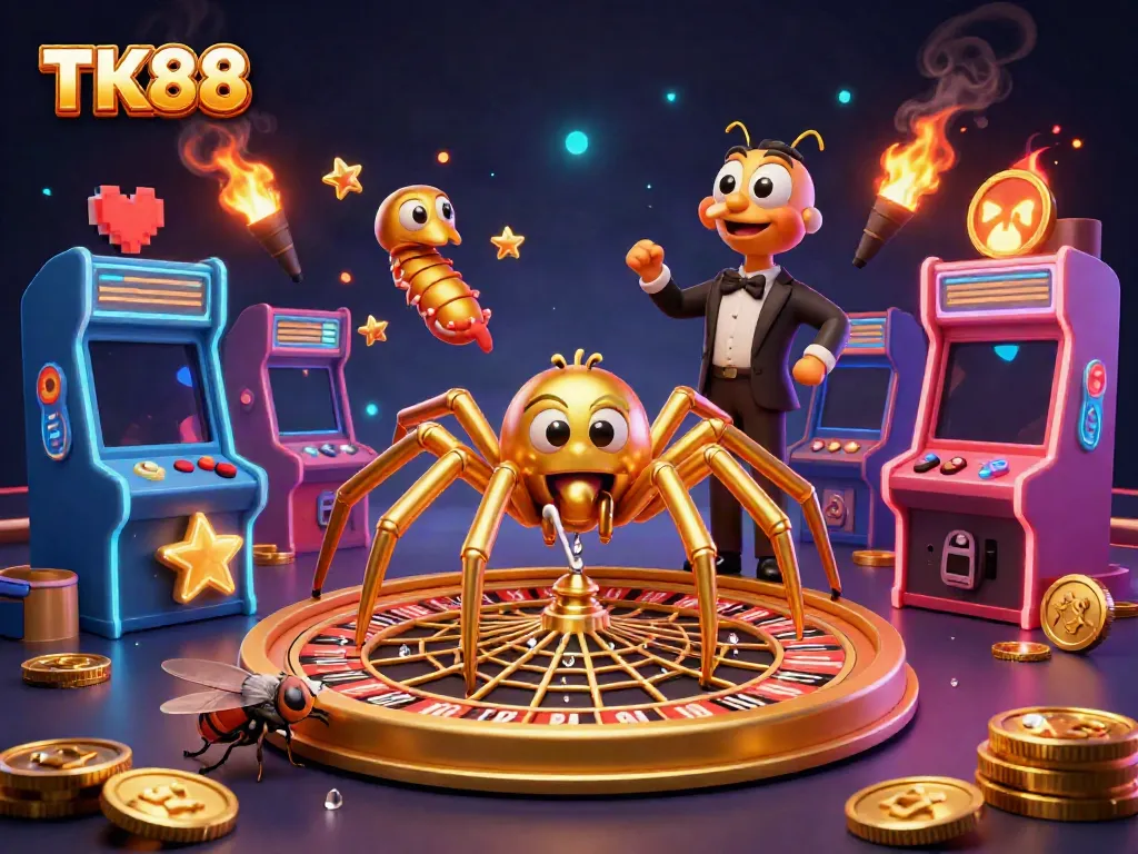Engage in thrilling gameplay at TK88 with a golden spider and roulette-inspired game scene.