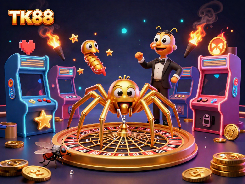 Engage in thrilling gameplay at TK88 with a golden spider and roulette-inspired game scene.