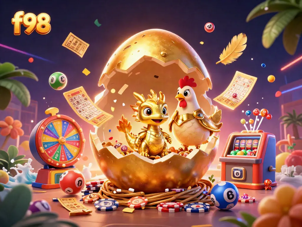 Experience epic wins at f98 with a golden dragon and slots in this vibrant casino scene.