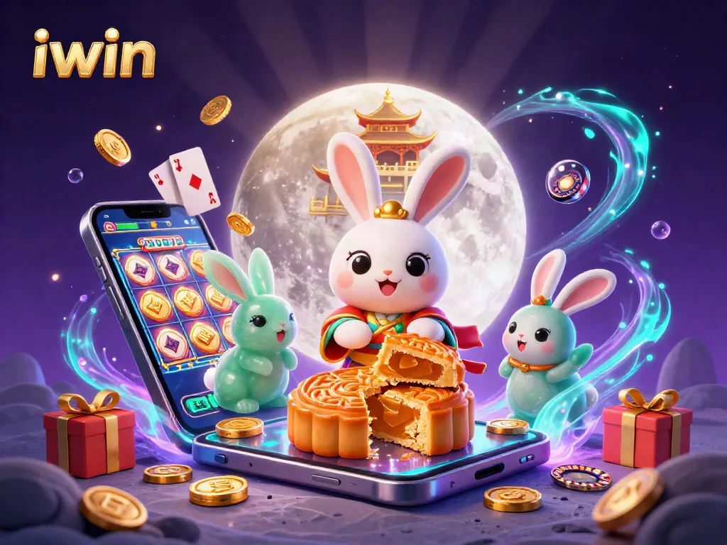 iwin showcases a magical scene with a moon rabbit and gambling treasures in a vibrant casino setting.
