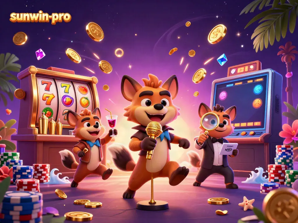 Engaging comedy casino scene with sunwin-pro hyena characters and vibrant slots elements.