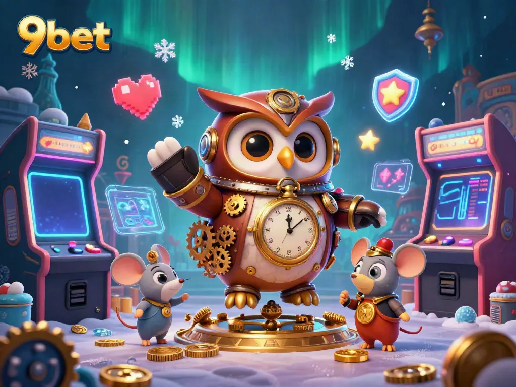 Experience thrilling 9bet gaming with a steampunk owl, showcasing vibrant casino elements.