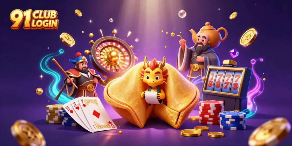 Engage in 91 CLUB LOGIN with a vibrant scene of golden fortune, coins, and gems.