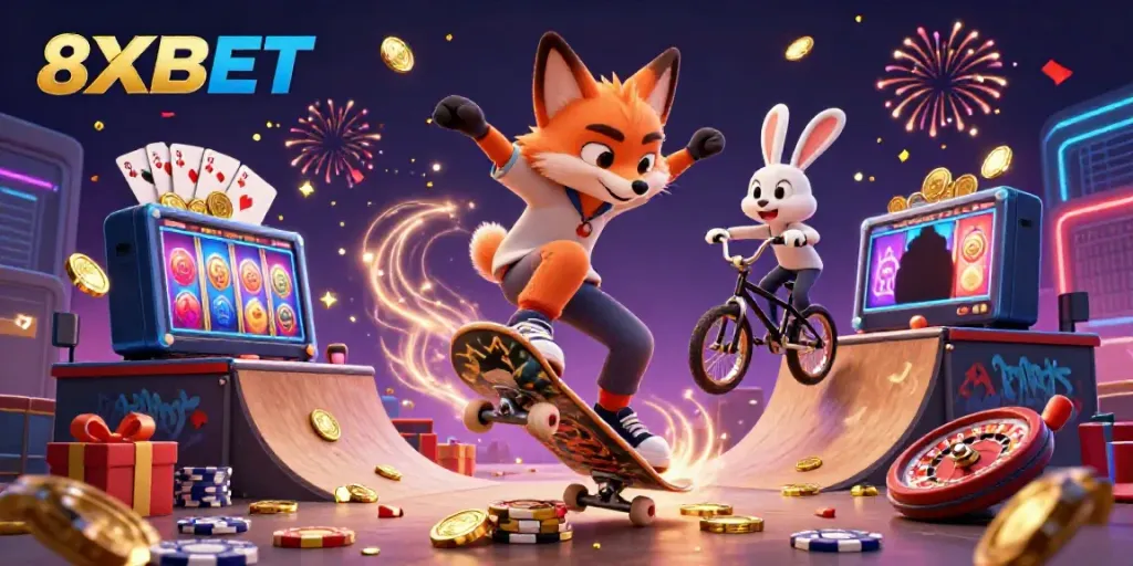 Experience exciting gameplay with 8XBET as a skateboard fox and BMX rabbit showcase fun casino elements.