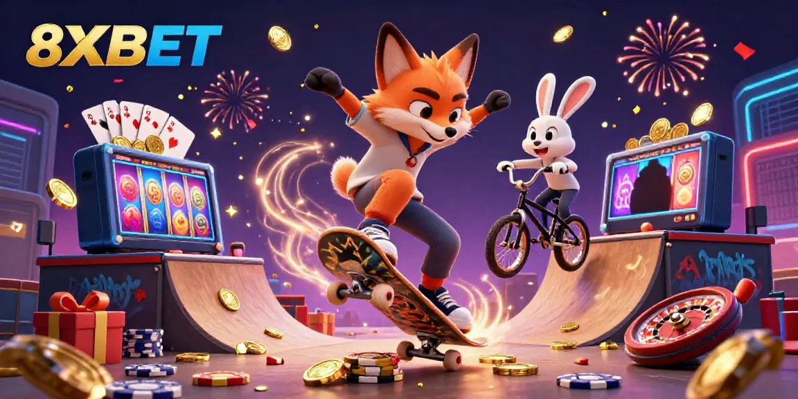 Experience exciting gameplay with 8XBET as a skateboard fox and BMX rabbit showcase fun casino elements.
