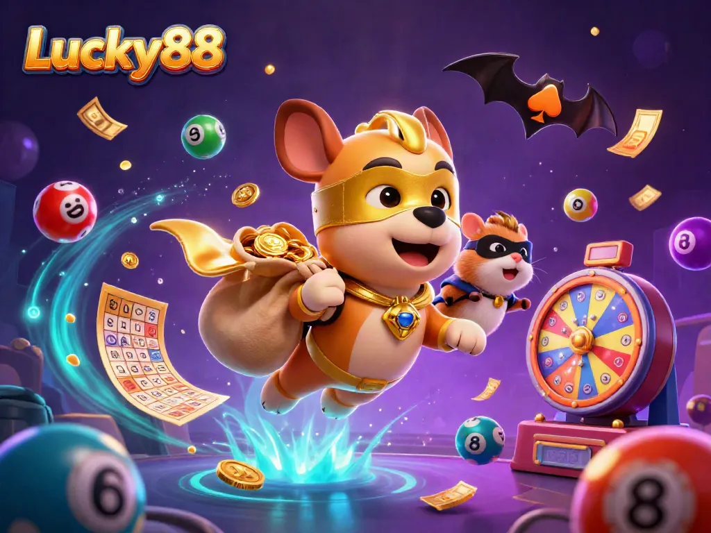 Lucky88 casino features a superhero dog soaring with gold coins, amidst colorful lottery elements.