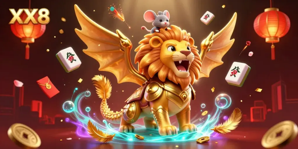 Engage with the exciting realm of XX8, showcasing a chimera creature and vibrant casino elements.