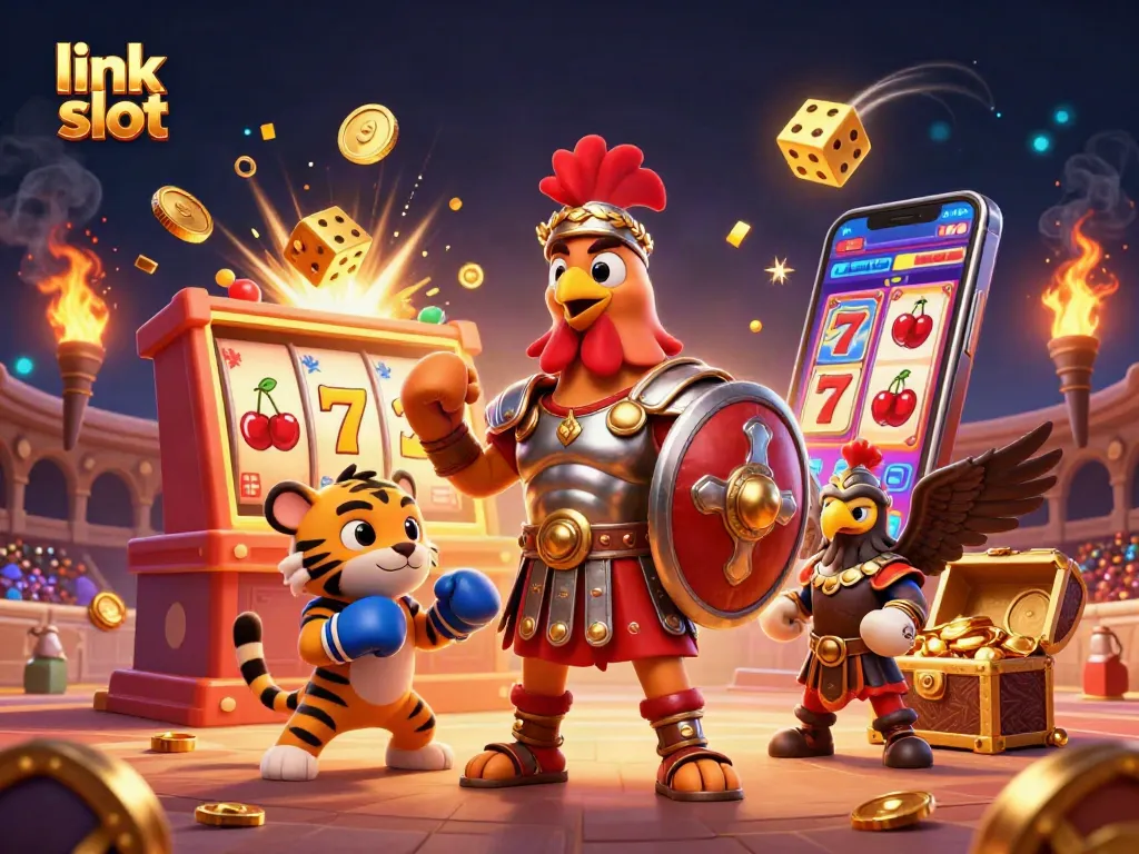 Engage with the exciting world of link slot with vibrant casino characters and elements bursting with colors and energy.