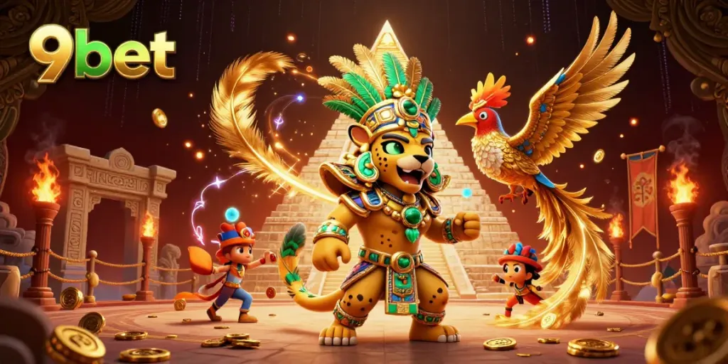 Experience thrilling moments at 9bet with our vibrant casino scene featuring a Mayan jaguar and rich game elements.