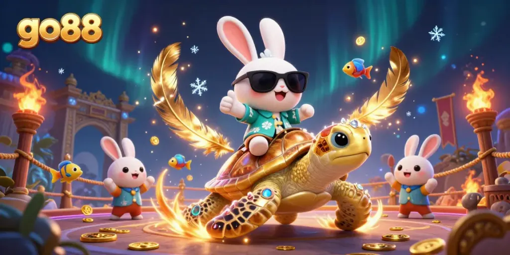 Join the fun at go88 with a lucky rabbit and golden turtle in an exciting casino atmosphere.