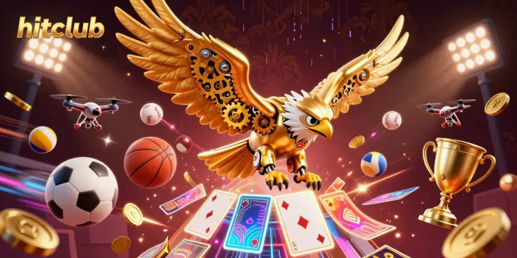 Experience the thrill of hitclub as a cybernetic eagle dives through holographic cards in a dynamic gaming scene.