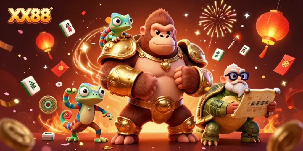 Engage in thrilling gameplay at XX88 with a powerful gorilla and wise tortoise in an exciting casino scene.
