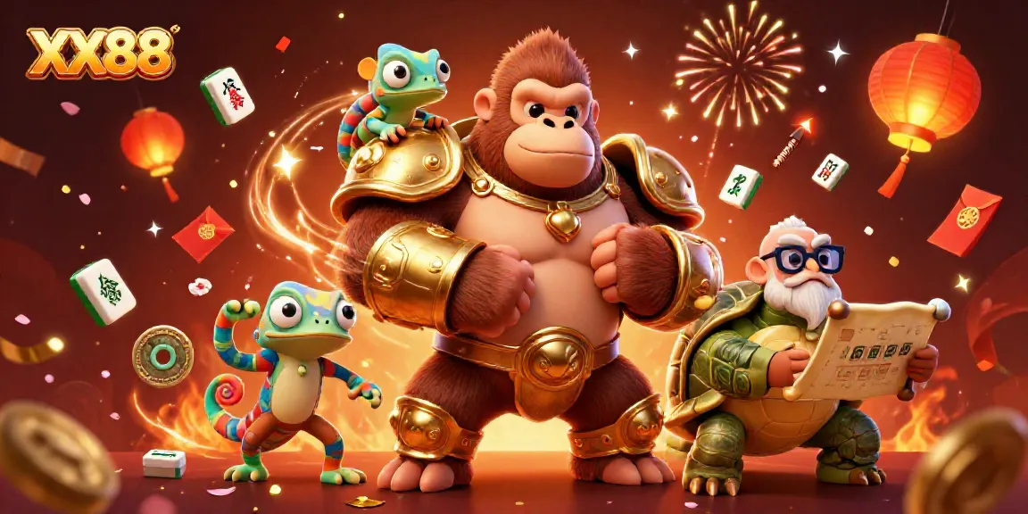 Engage in thrilling gameplay at XX88 with a powerful gorilla and wise tortoise in an exciting casino scene.