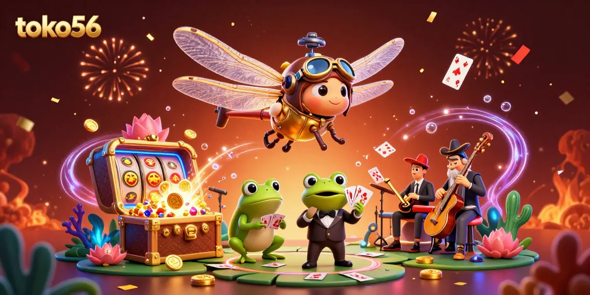 Experience the thrill of playing at toko56 through a vibrant 3D casino scene with animated characters and festive elements.