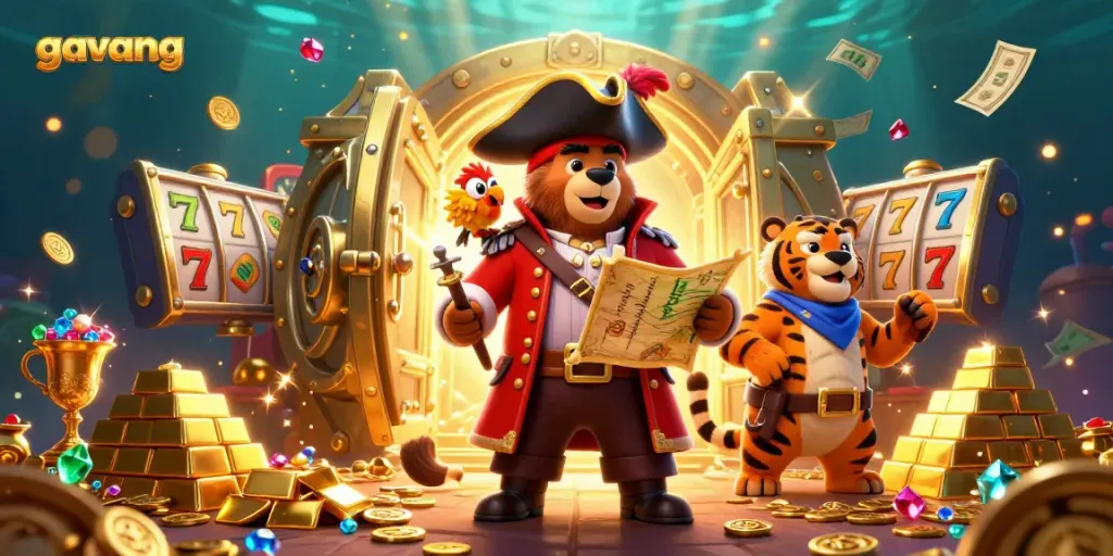 Engaging gambling scene showcasing the "gavang" brand with cartoon pirate bear, tiger, and parrot amidst a treasure vault and slot elements.