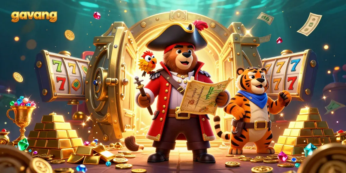 Engaging gambling scene showcasing the "gavang" brand with cartoon pirate bear, tiger, and parrot amidst a treasure vault and slot elements.