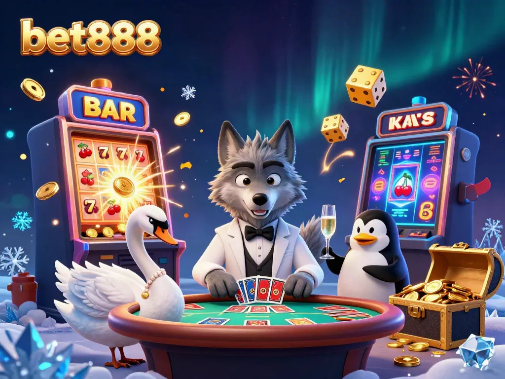 Experience excitement at bet888 with an elegant wolf, swan, and penguin in a vibrant casino scene.