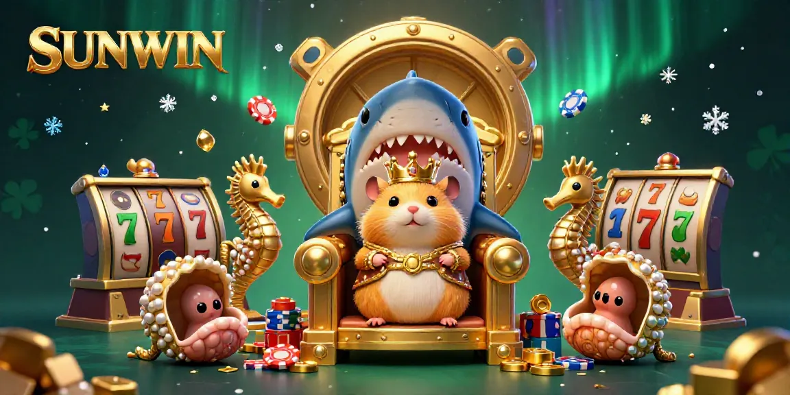 SUNWIN casino banner showcasing a golden hamster king and casino elements amidst sparkling treasures.