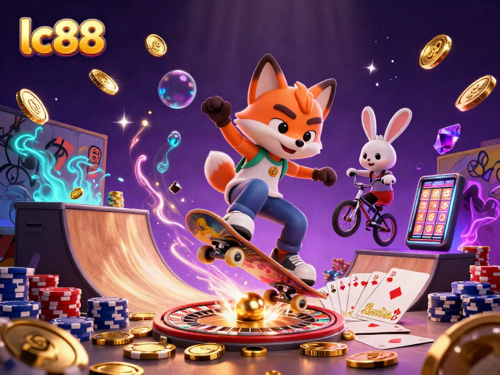 lc88 showcases a vibrant casino scene with a skateboarder fox and BMX rabbit surrounded by golden coins and roulette wheels.