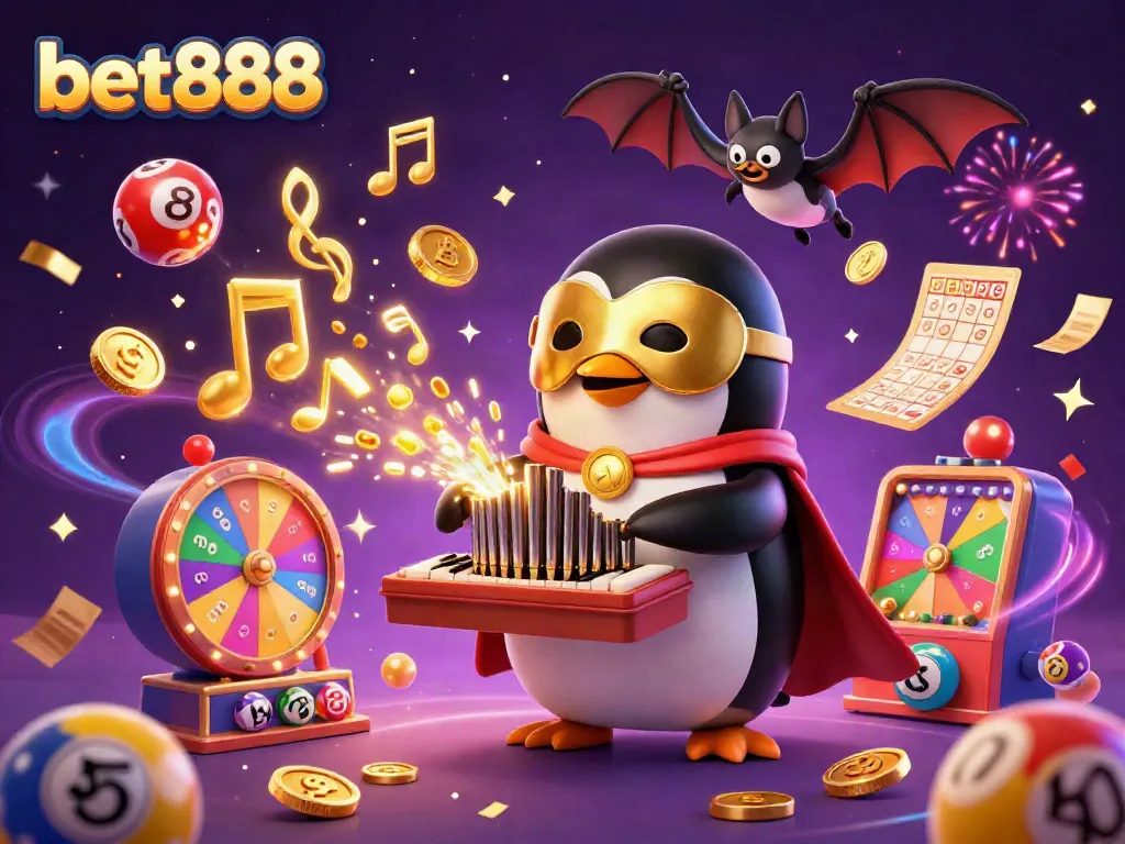 Experience thrilling moments with bet888 as golden coins flow from an organ, amidst dazzling games and exciting elements
