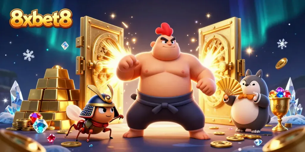 Engage with 8xbet8 in a striking 3D casino scene featuring a sumo rooster, samurai cricket, and a tanuki announcer.