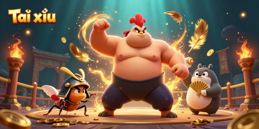 Tài xỉu game scene featuring an enormous sumo wrestler, a fierce samurai cricket, and a tanuki announcer.