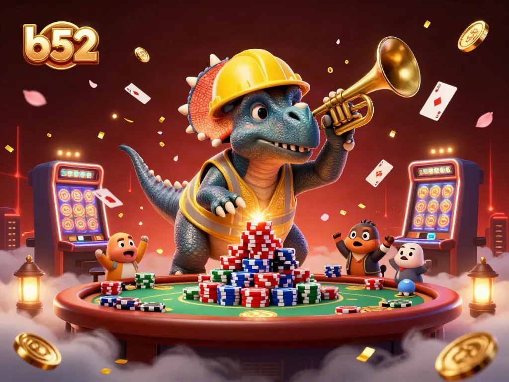Engage in thrilling b52 casino action with vibrant characters and flying poker elements.