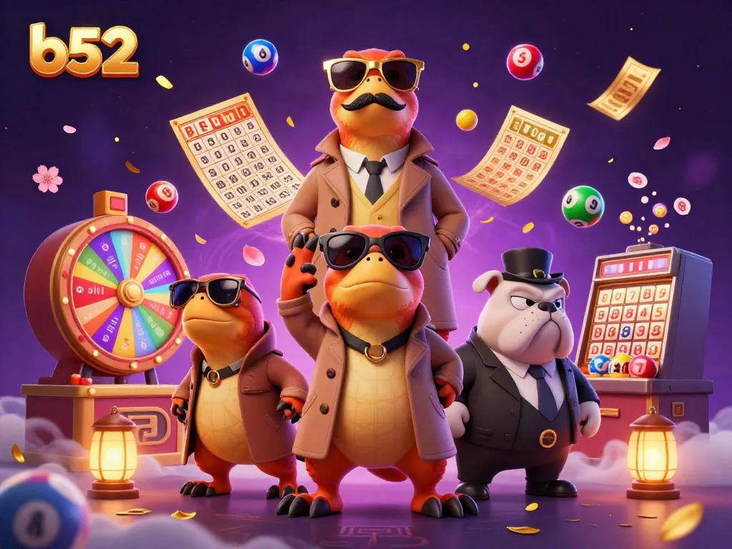 Engage in the b52 casino experience, featuring cartoon raptors at a VIP lounge surrounded by lottery elements.