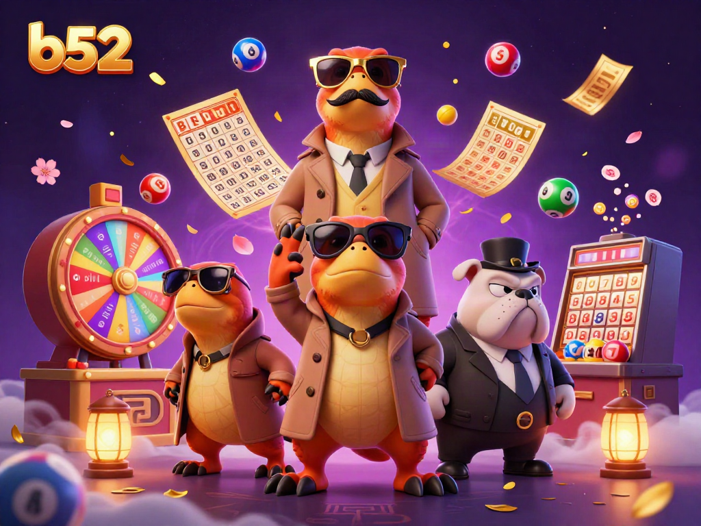 Engage in the b52 casino experience, featuring cartoon raptors at a VIP lounge surrounded by lottery elements.