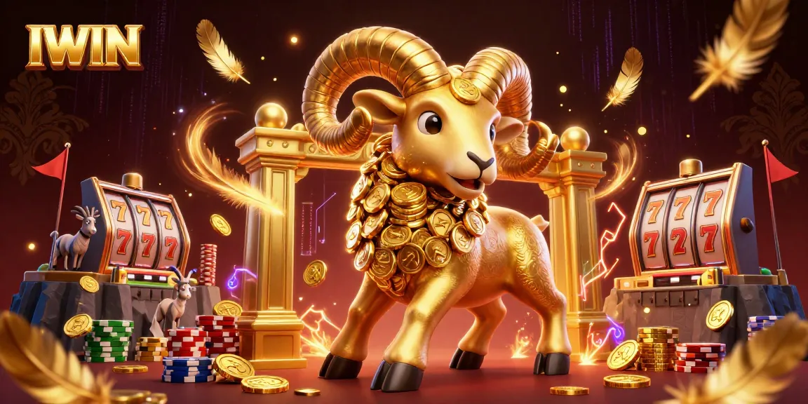 IWIN showcases a stunning 3D illustration of a golden ram charging at a casino gate, emphasizing excitement.