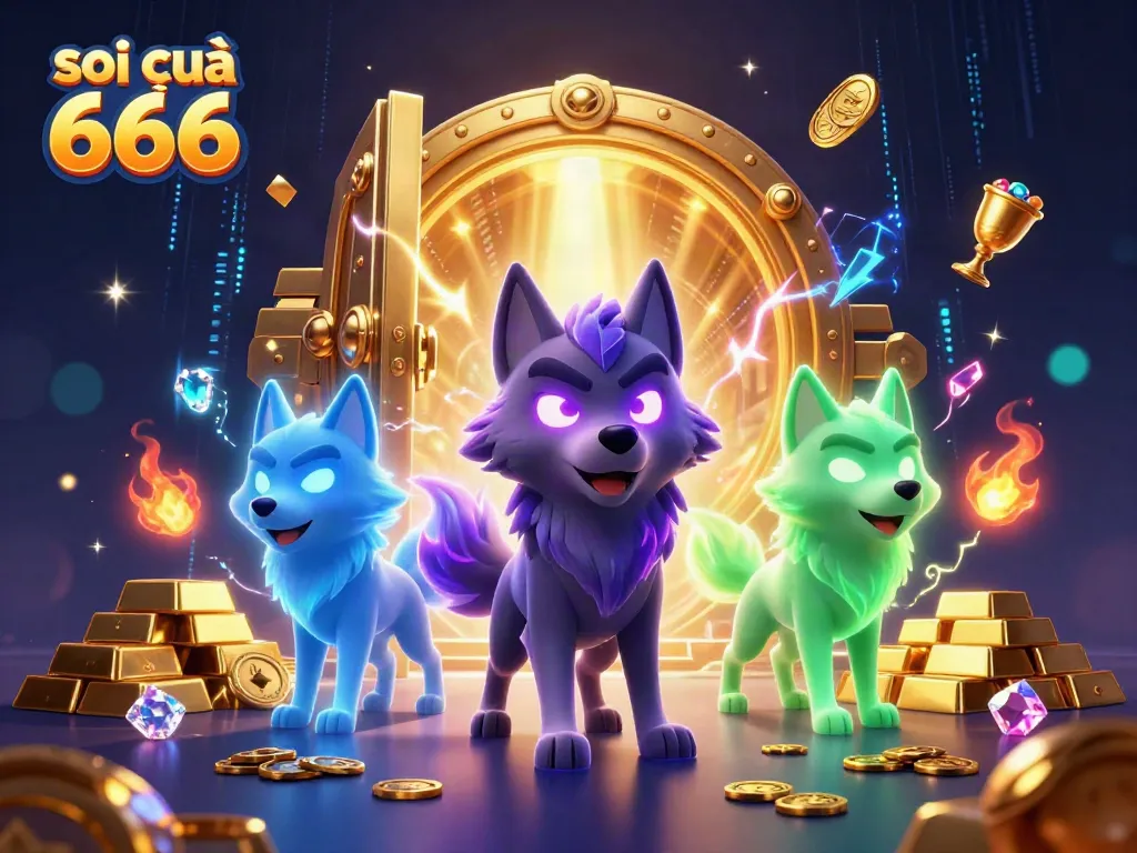 Experience the excitement of soi cầu 666 with vibrant ghostly wolves and golden treasures surrounding them.