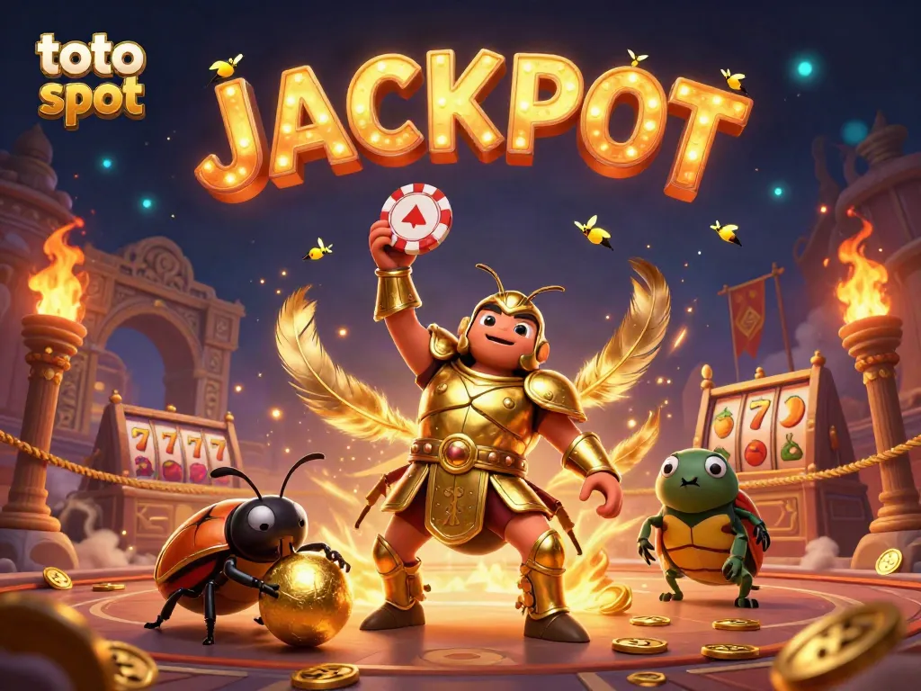Experience the thrill of the toto slot with a vibrant casino scene featuring a victorious beetle, golden elements, and jackpot celebrations.